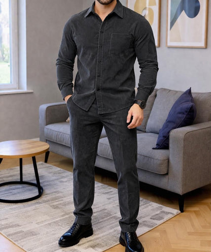 Men's Micro-Wale Corduroy Casual Shirt & Pants Two-Piece Set