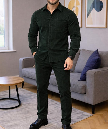 Men's Micro-Wale Corduroy Casual Shirt & Pants Two-Piece Set