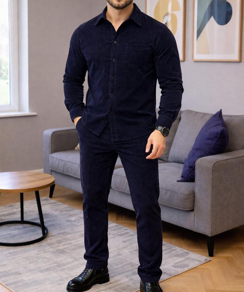 Men's Micro-Wale Corduroy Casual Shirt & Pants Two-Piece Set