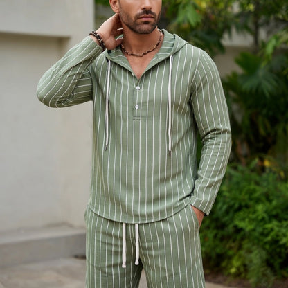 Men's Pinstripe Print Long Sleeve Half Placket Hooded Shirt & Drawstring Shorts 2Pcs Set
