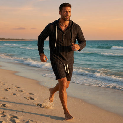 Men's Pinstripe Print Long Sleeve Half Placket Hooded Shirt & Drawstring Shorts 2Pcs Set