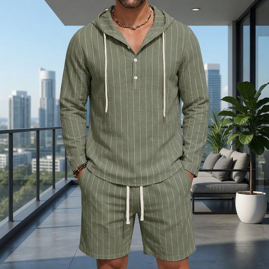 Men's Pinstripe Print Long Sleeve Half Placket Hooded Shirt & Drawstring Shorts 2Pcs Set