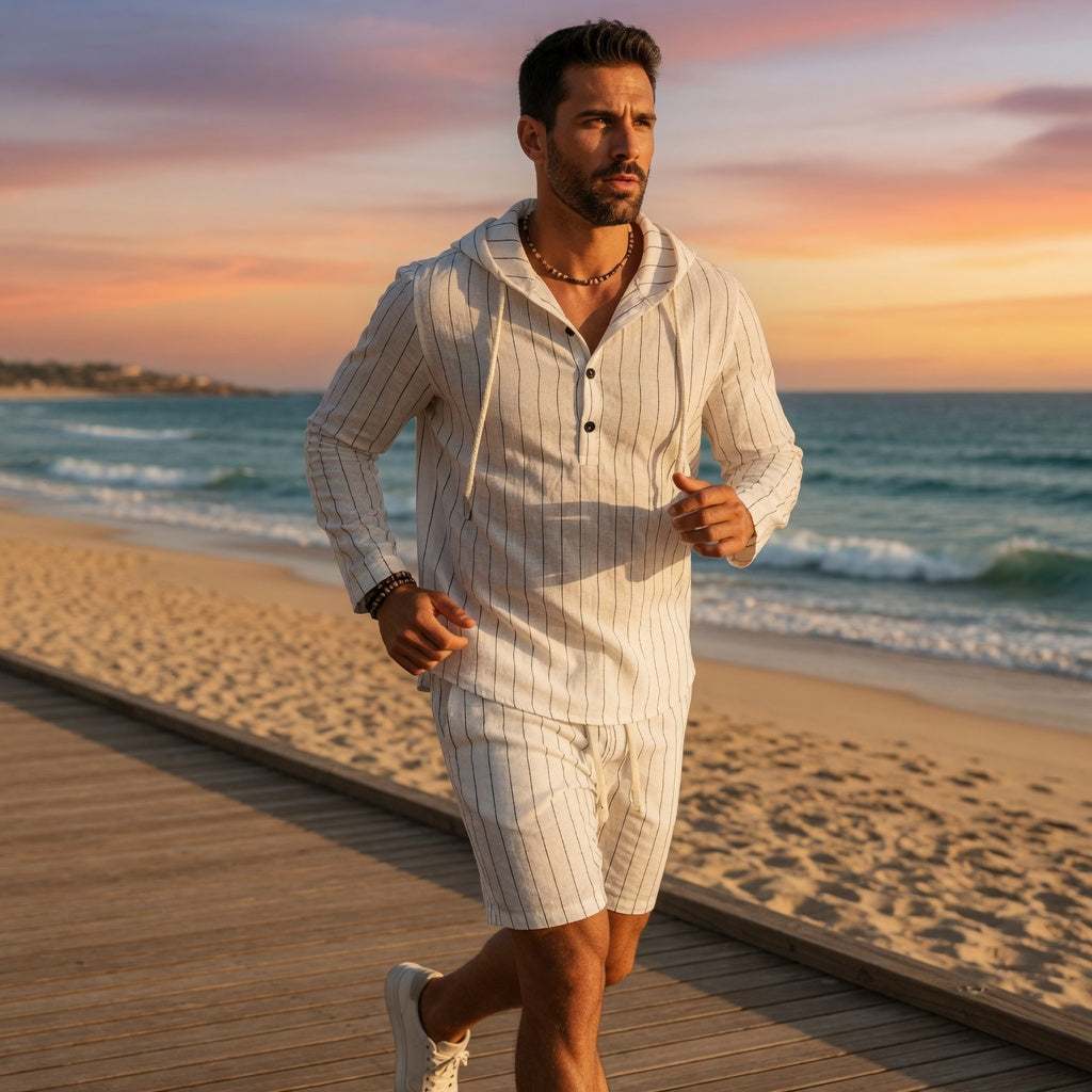 Men's Pinstripe Print Long Sleeve Half Placket Hooded Shirt & Drawstring Shorts 2Pcs Set