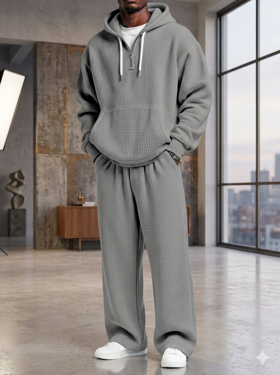 Men’s Waffle Knit Hoodie Set – Breathable Premium Tracksuit