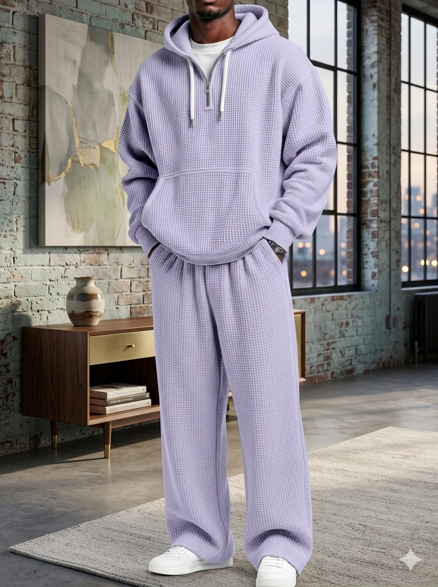 Men’s Waffle Knit Hoodie Set – Breathable Premium Tracksuit