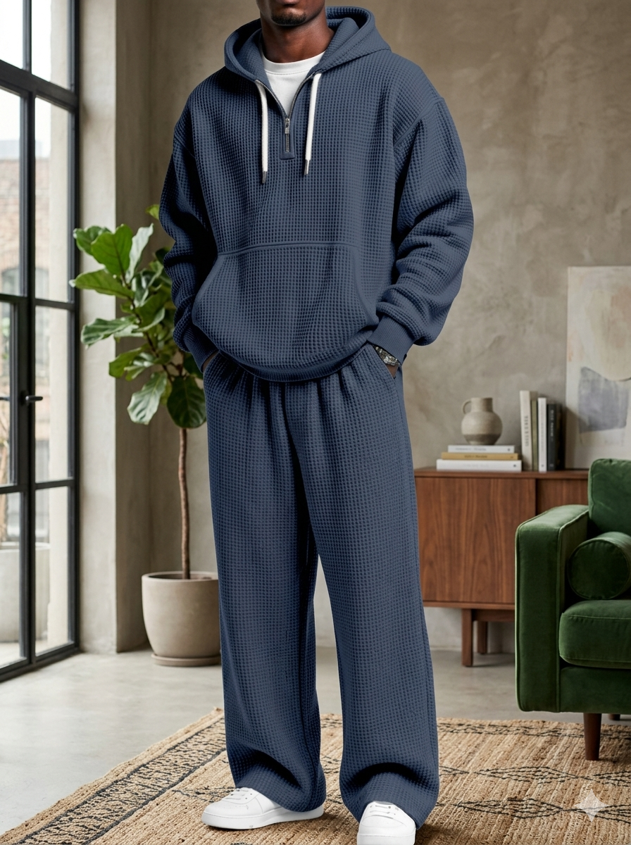 Men’s Waffle Knit Hoodie Set – Breathable Premium Tracksuit