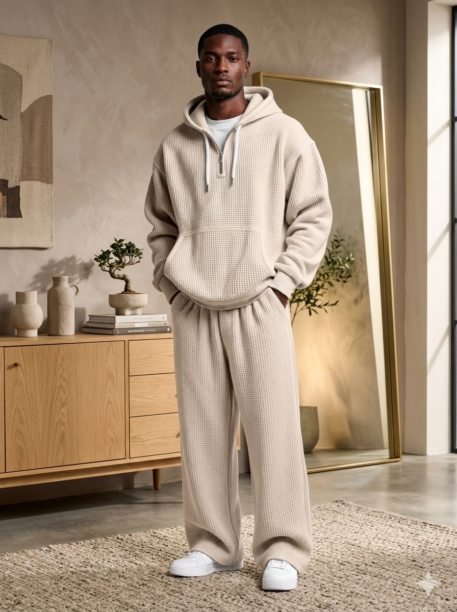 Men’s Waffle Knit Hoodie Set – Breathable Premium Tracksuit