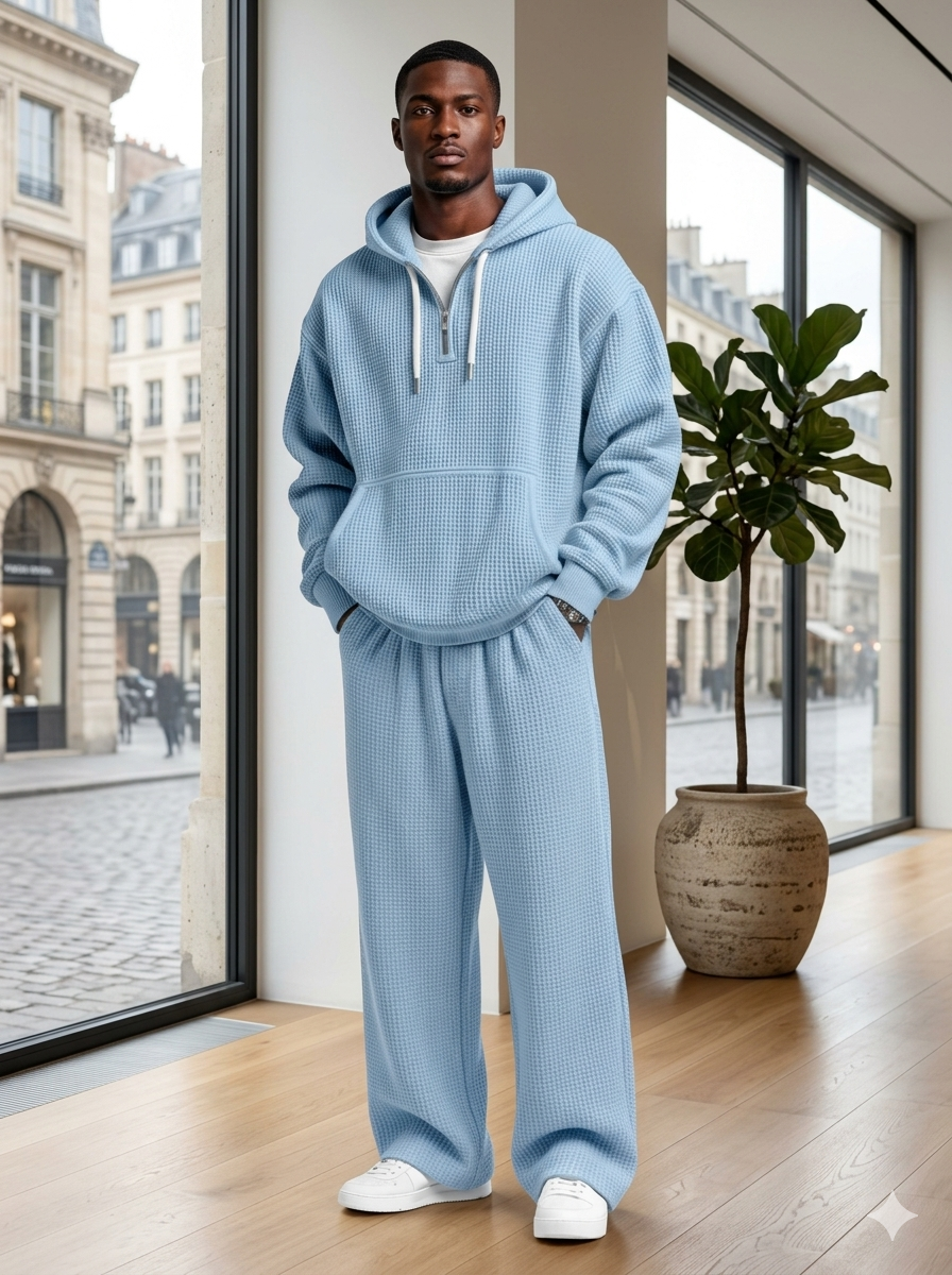Men’s Waffle Knit Hoodie Set – Breathable Premium Tracksuit