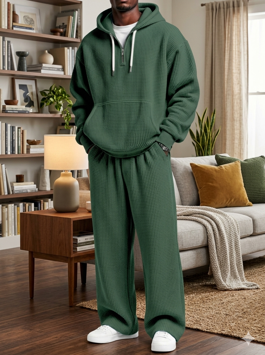 Men’s Waffle Knit Hoodie Set – Breathable Premium Tracksuit